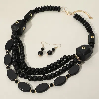 Fashnzfab Bold Multi Layered Wood Beaded Statement Necklace In Black