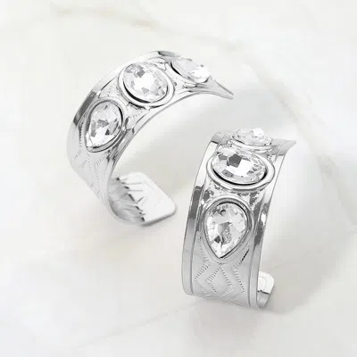Fashnzfab Bold Multi Stone Embellished Wide Hoop Earrings In Silver