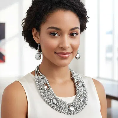Fashnzfab Bold Multi Strand Beaded Collar Statement Necklace In Silver