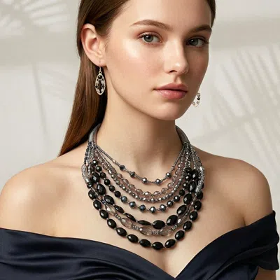 Fashnzfab Bold Multistrand Beaded Statement Necklace In Gray