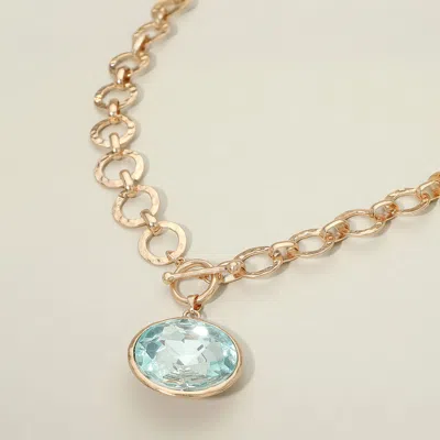 Fashnzfab Bold Oval Gemstone Pendant Brushed Metal Chunky Chain Toggle Necklace In Green