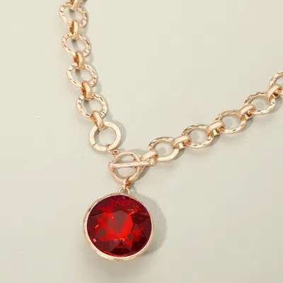 Fashnzfab Bold Oval Gemstone Pendant Brushed Metal Chunky Chain Toggle Necklace In Red