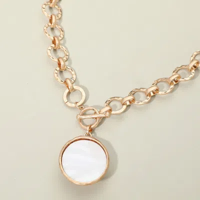Fashnzfab Bold Oval Mother Of Pearl Pendant Brushed Metal Chunky Chain Toggle Necklace In Multi