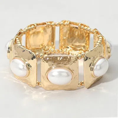 Fashnzfab Bold Oval Pearl Accent Hammered Square Frame Beaded Stretch Bracelet In Gold