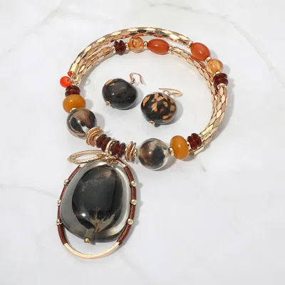 Fashnzfab Bold Oval Resin Pendant Accent Multi Beaded Statement Necklace