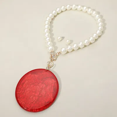 Fashnzfab Bold Oval Resin Plate Pendant Accent Chunky Pearl Beaded Statement Necklace - Gold, Red In Multi