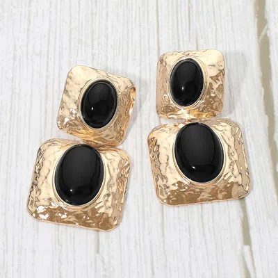 Fashnzfab Bold Oval Stone Accent Hammered Frame Link Drop Statement Earing In Gold