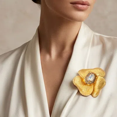 Fashnzfab Bold Oval Stone Center Textured Floral Pin Brooch In Gold