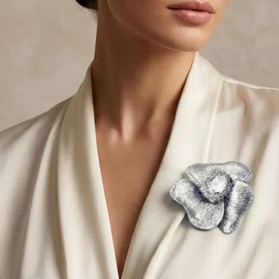 Fashnzfab Bold Oval Stone Center Textured Floral Pin Brooch In Silver
