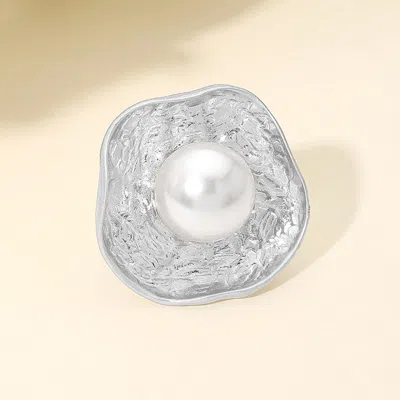 Fashnzfab Bold Oversized Pearl Accent Abstract Textured Plate Statement Stretch Ring In Silver