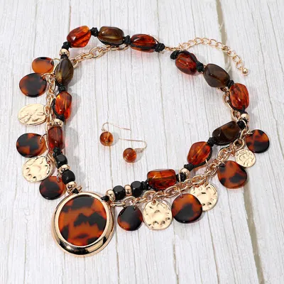 Fashnzfab Bold Patterned Resin Oval Pendant Accent Layered Charm Station Pebble Beaded Statement Necklace - Br In Multi