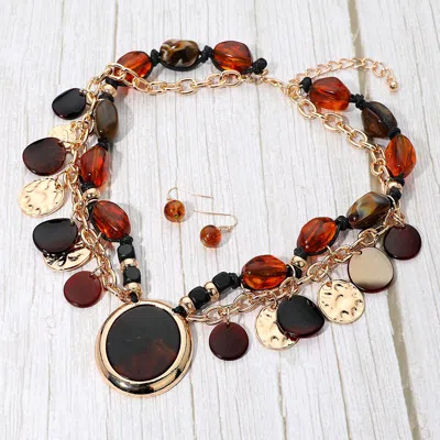Fashnzfab Bold Patterned Resin Oval Pendant Accent Layered Charm Station Pebble Beaded Statement Necklace - Br In Multi