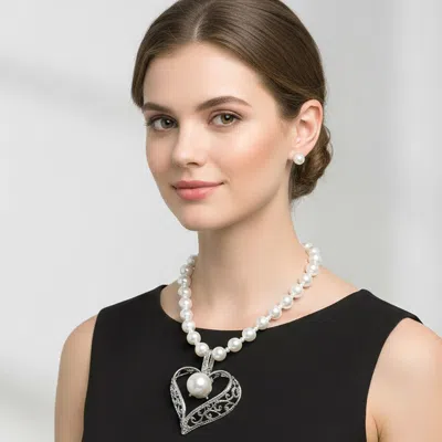 Fashnzfab Bold Pearl Accent Heart Pendant Chunky Pearl Necklace In Metallic
