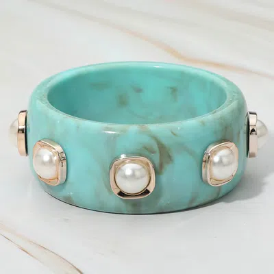 Fashnzfab Bold Pearl Accent Marbled Resin Bangle Bracelet In Blue