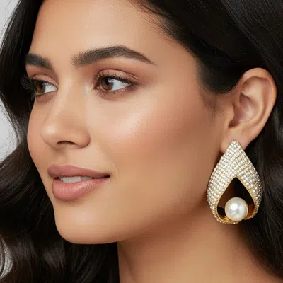 Fashnzfab Bold Pearl Accent Rhinestone Pave Teardrop Statement Earrings In Gold
