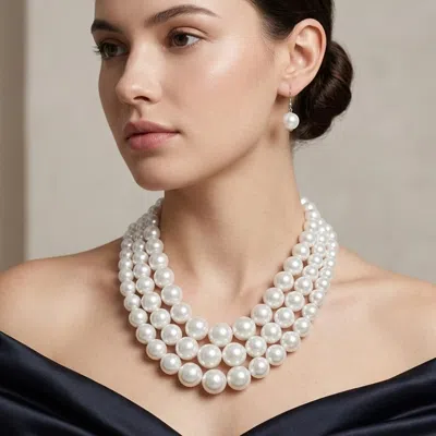 Fashnzfab Bold Pearl Beaded Triple Layered Statement Necklace In White
