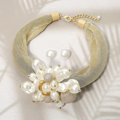 Fashnzfab Bold Pearl Cluster Accent Chunky Mesh Statement Necklace In Gold