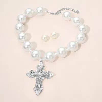 Fashnzfab Bold Pearl Embellished Cross Pendant Chunky Pearl Statement Necklace In Metallic