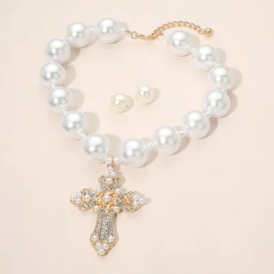Fashnzfab Bold Pearl Embellished Cross Pendant Chunky Pearl Statement Necklace In Yellow