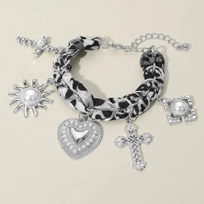 Fashnzfab Bold Pearl Embellished Heart Cross Sunburst Charm Station Leopard Fabric Chain Bracelet Black, Rhodi In Multi
