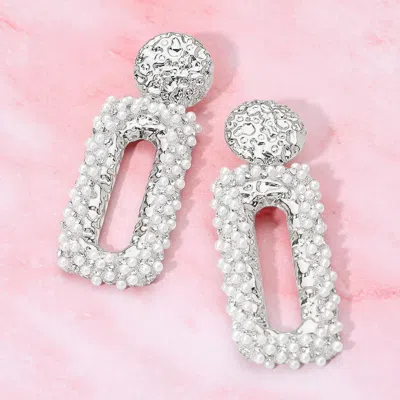 Fashnzfab Bold Pearl Embellished Open Hammered Metal Rectangular Drop Statement Earrings In Silver