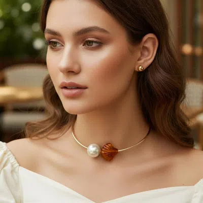 Fashnzfab Bold Pearl Resin Seashell Tip Open Bangle Necklace - Brown, Worn Gold In Multi