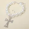 Fashnzfab Bold Pearl Rhinestone Accent Intricate Cross Pendant Chunky Pearl Beaded Statement Necklace In Multi
