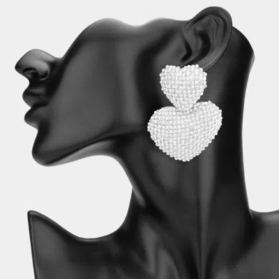 Fashnzfab Bold Pearl Rhinestone Paved Double Heart Earrings In Metallic