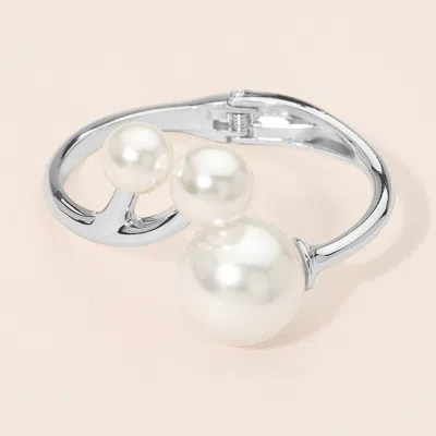 Fashnzfab Bold Pearl Tip Hinged Bangle Bracelet In Metallic