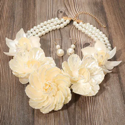 Fashnzfab Bold Pearly Petal Floral Link Triple Pearl Strand Statement Necklace - Cream, Gold In Multi