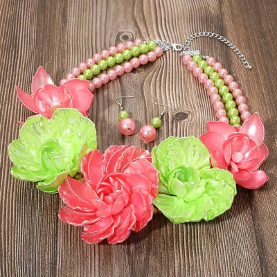 Fashnzfab Bold Pearly Petal Floral Link Triple Pearl Strand Statement Necklace - Pink & Green, Silver In Multi