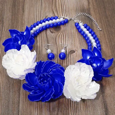 Fashnzfab Bold Pearly Petal Floral Link Triple Pearl Strand Statement Necklace - Royal Blue, Silver, White In Multi