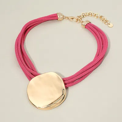 Fashnzfab Bold Polished Metal Disc Pendant Accent Multi Strand Thread Necklace In Pink