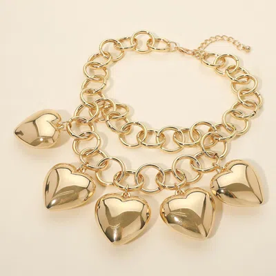 Fashnzfab Bold Puffy Metal Heart Charm Station Linked Chain Layered Statement Necklace In Gold