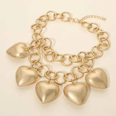 Fashnzfab Bold Puffy Metal Heart Charm Station Linked Chain Layered Statement Necklace In Gold