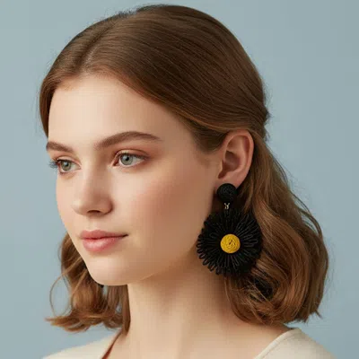 Fashnzfab Bold Raffia Woven Floral Charm Drop Statement Earrings In Black