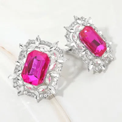 Fashnzfab Bold Rectangular Gem Center Statement Evening Clip On Earrings In Pink