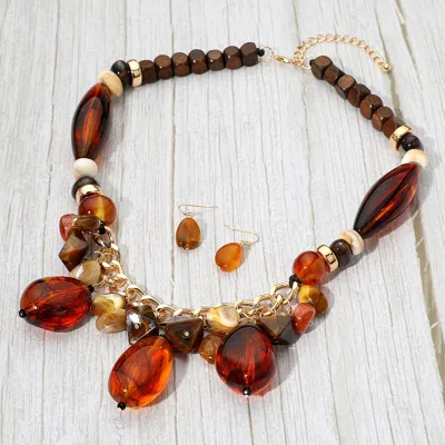 Fashnzfab Bold Resin Charm Wooden Beaded Statement Necklace - Brown, Gold