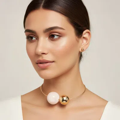 Fashnzfab Bold Resin Metal Ball Beaded Statement Choker Necklace - Gold, Ivory In Silver