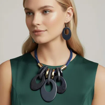 Fashnzfab Bold Resin Oval Pendant Beaded Multi Strand Thread Statement Necklace In Blue