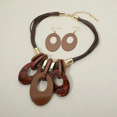 Fashnzfab Bold Resin Oval Pendant Beaded Multi Strand Thread Statement Necklace In Brown