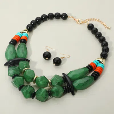 Fashnzfab Bold Resin Pebble Beaded Layered Statement Necklace In Green
