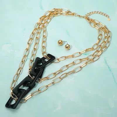 Fashnzfab Bold Resin Square Chain Link Accent Paperclip Chin Layered Statement Necklace - Black, Gold In Multi