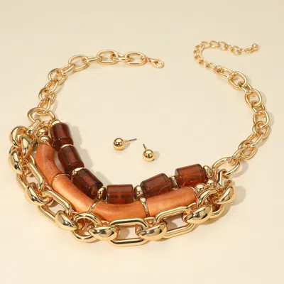 Fashnzfab Bold Resin Wood Cylinder Beaded Chunky Chain Layered Statement Necklace In Silver