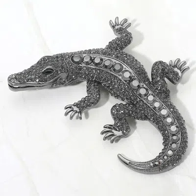 Fashnzfab Bold Rhinestone Embellished Alligator Pin Brooch In Metallic