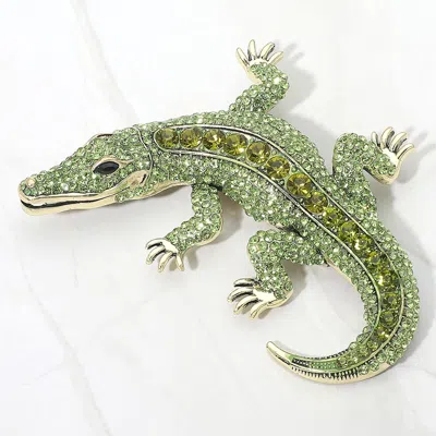 Fashnzfab Bold Rhinestone Embellished Alligator Pin Brooch In Green