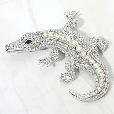 Fashnzfab Bold Rhinestone Embellished Alligator Pin Brooch In Metallic