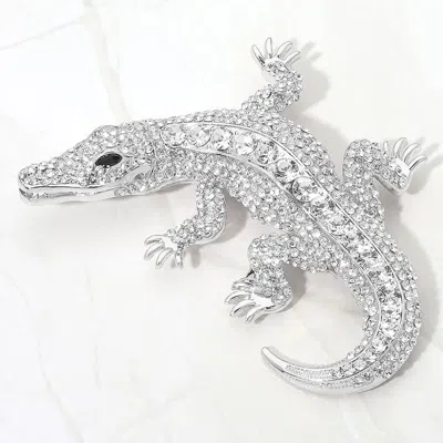Fashnzfab Bold Rhinestone Embellished Alligator Pin Brooch In White