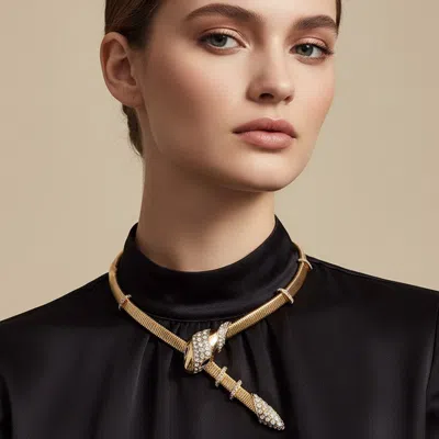 Fashnzfab Bold Rhinestone Embellished Snake Head Accent Ribbed Statement Necklace In Gold