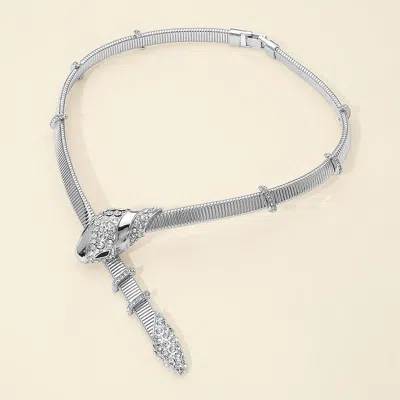 Fashnzfab Bold Rhinestone Embellished Snake Head Accent Ribbed Statement Necklace In Silver